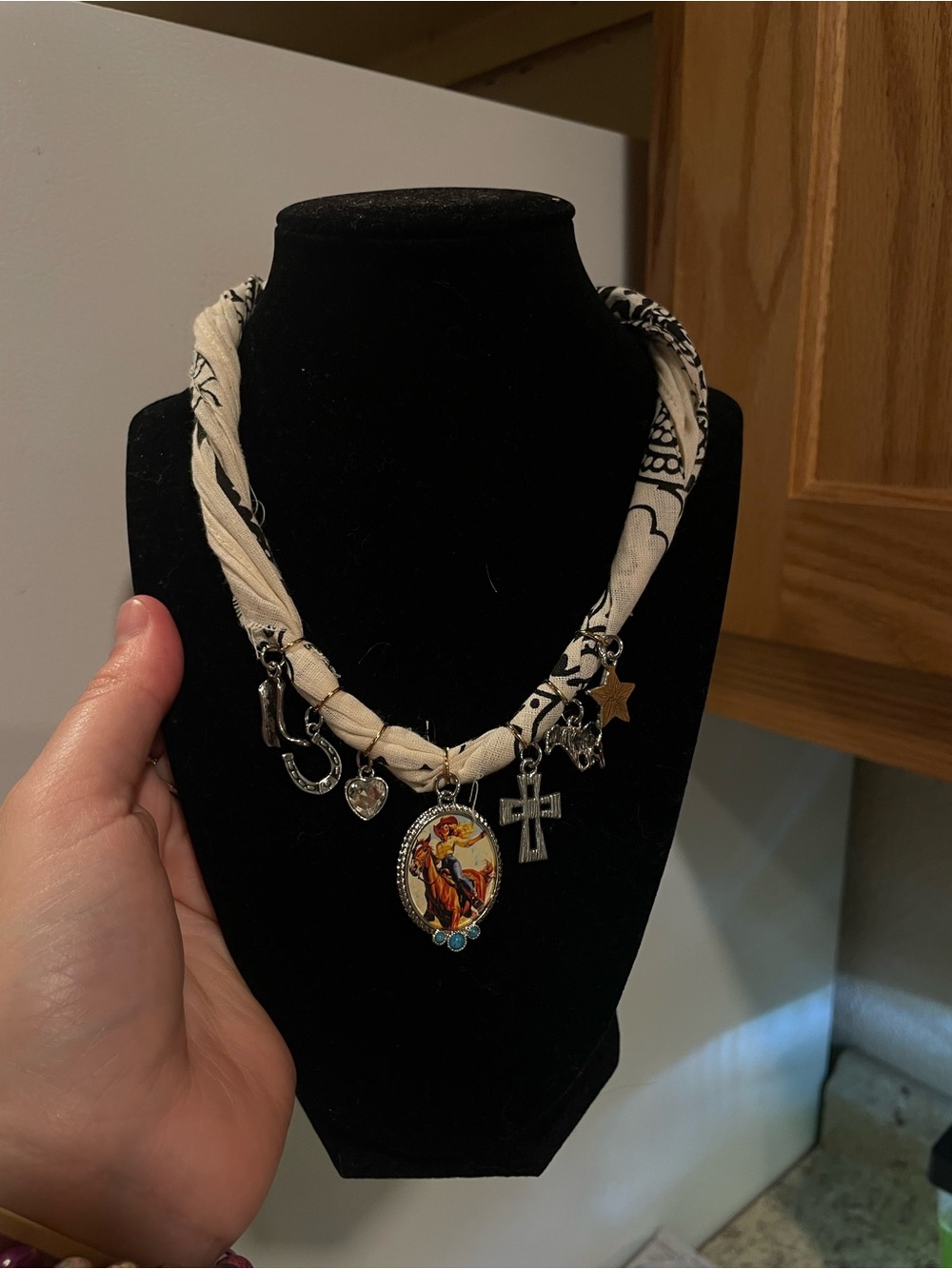 Handmade Ivory Bandana Charm Necklace with Western Pendant